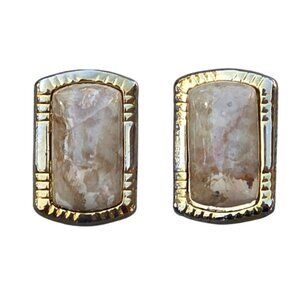 Vintage Gold-Toned Rectangular Stud Earrings With Marbled Beige Stone Accents